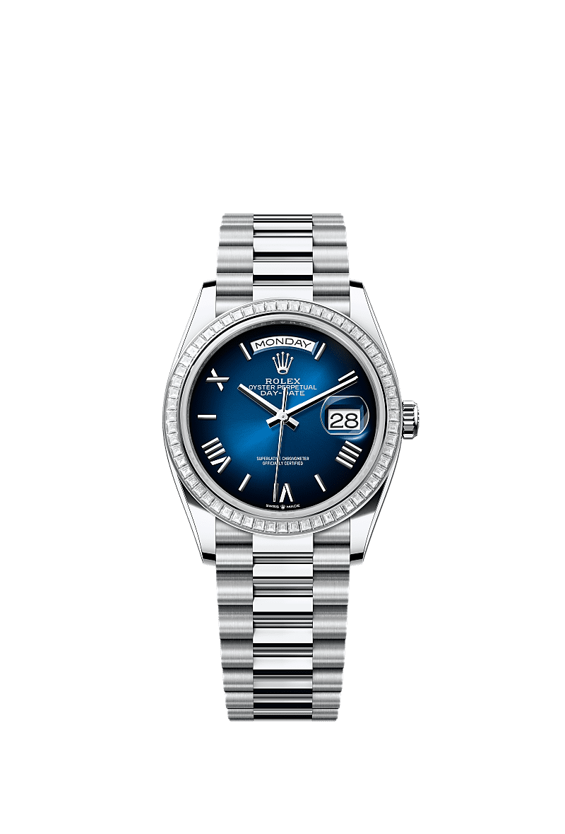 Rolex - Day-Date 36 Platinum - Baguette / Blue Ombr̩ - Roman / President — Ref. 128396TBR