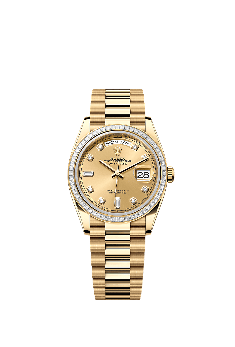 Rolex - Day-Date 36 Yellow Gold - Baguette / Champagne - Diamond / President — Ref. 128398TBR