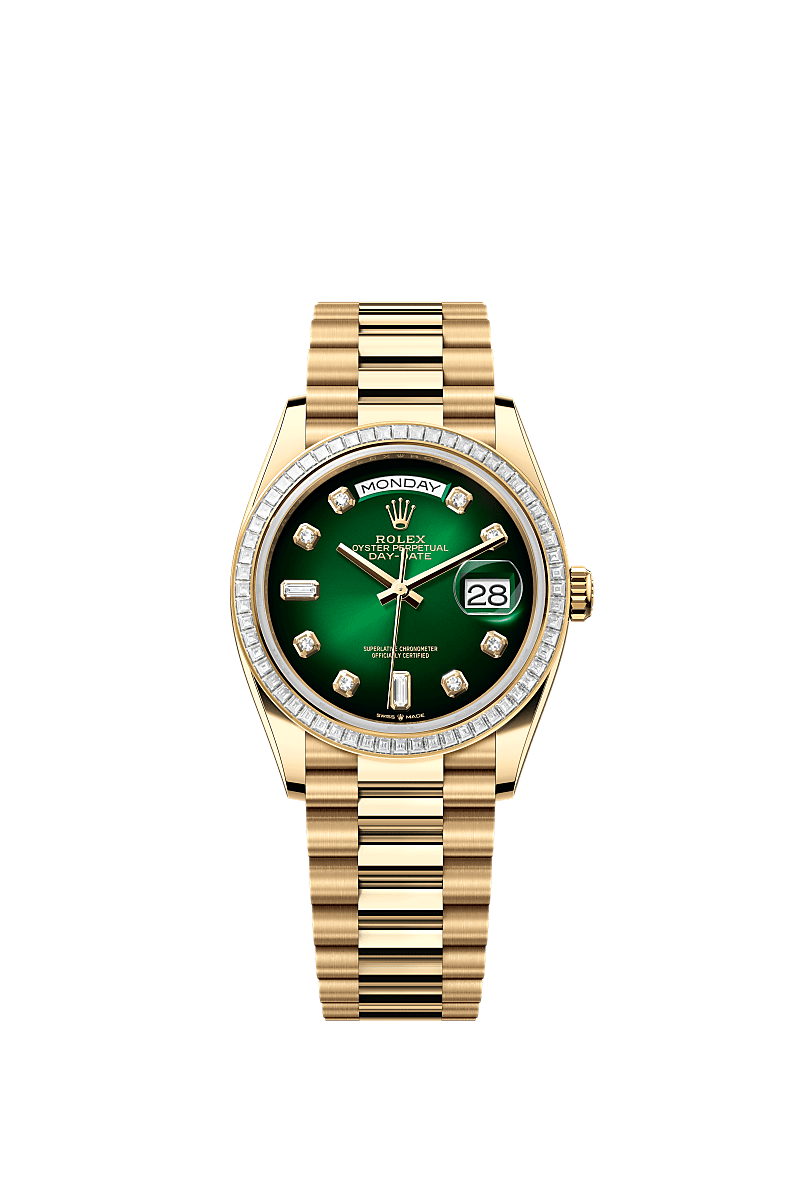 Rolex - Day-Date 36 Yellow Gold - Baguette / Green Ombr̩ - Diamond/ President — Ref. 128398TBR