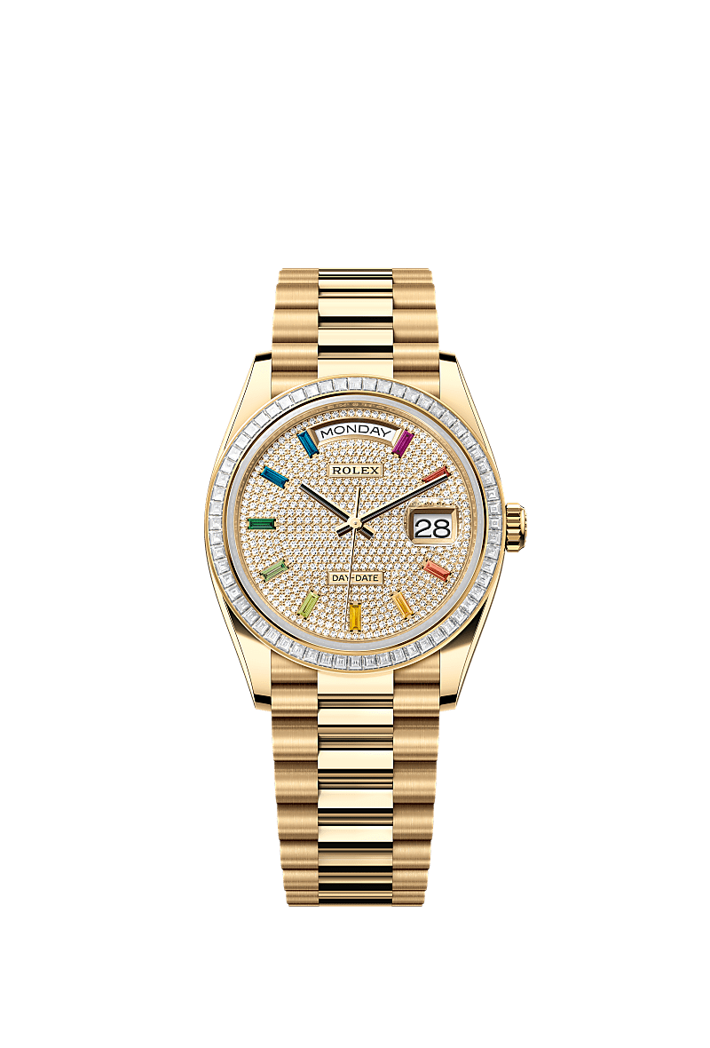 Rolex - Day-Date 36 Yellow Gold - Baguette / Paved - Rainbow / President — Ref. 128398TBR