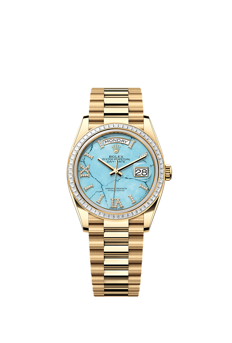 Rolex - Day-Date 36 Yellow Gold - Baguette / Turquoise / President — Ref. 128398TBR