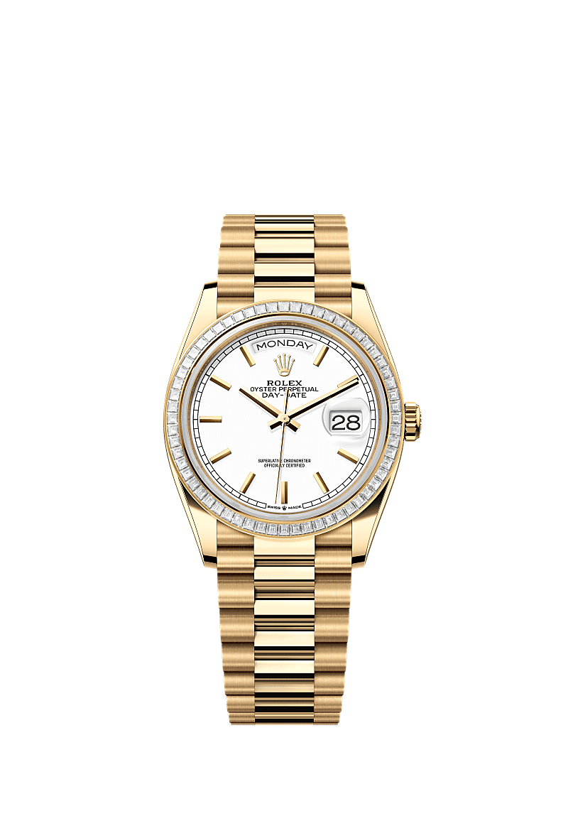 Rolex - Day-Date 36 Yellow Gold - Baguette / White / President — Ref. 128398TBR