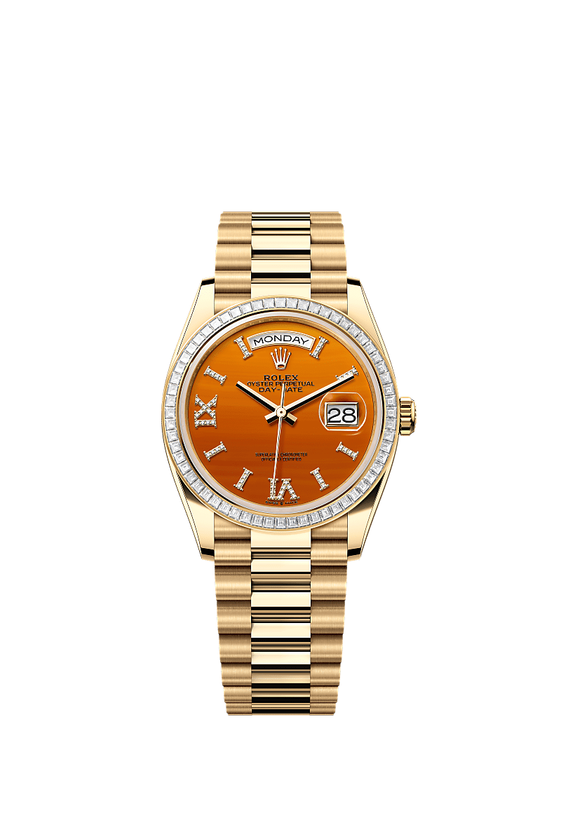 Rolex - Day-Date 36 Yellow Gold - Baguette / Carnelian / President — Ref. 128398TBR