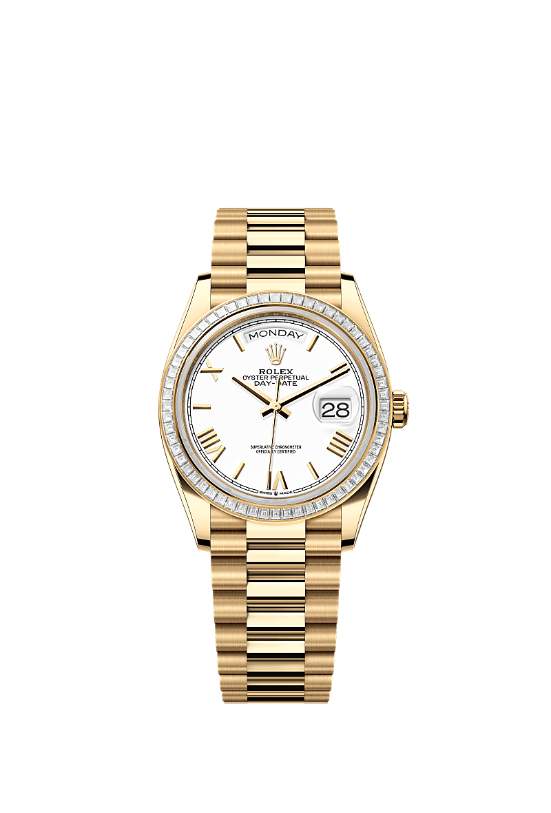 Rolex - Day-Date 36 Yellow Gold - Baguette / White - Roman / President — Ref. 128398TBR