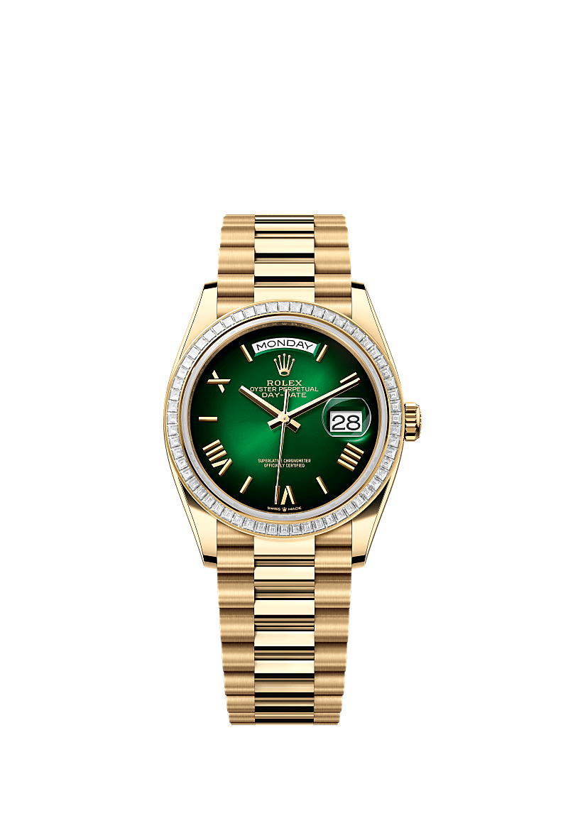 Rolex - Day-Date 36 Yellow Gold - Baguette / Green Ombr̩ - Roman / President — Ref. 128398TBR