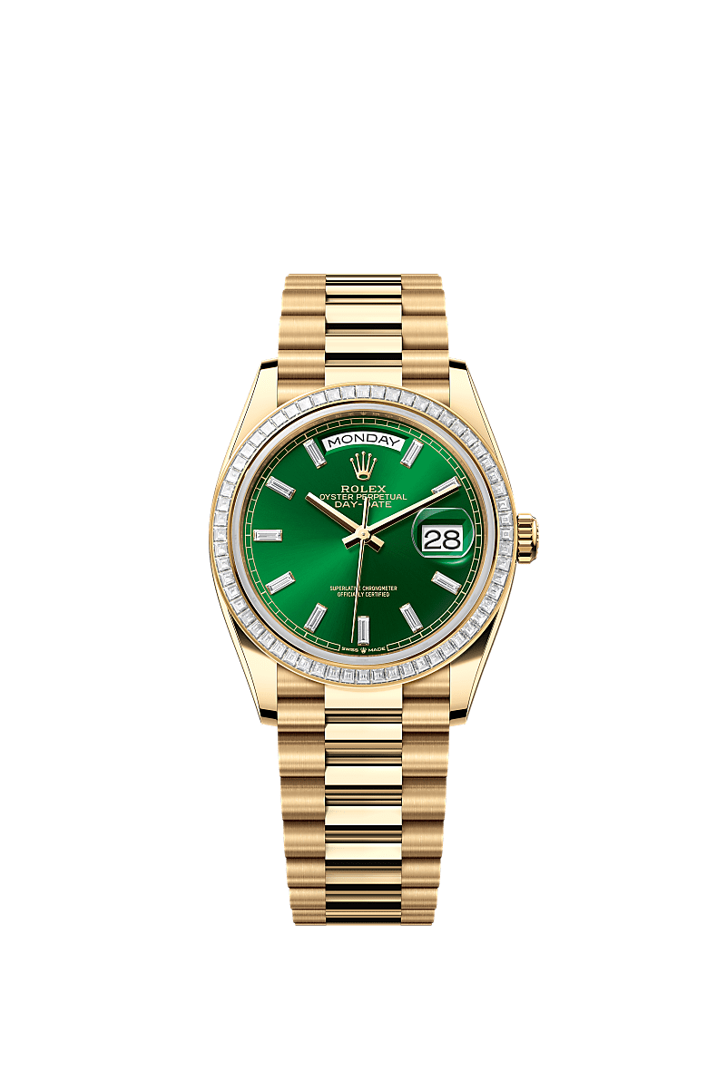 Rolex - Day-Date 36 Yellow Gold - Baguette / Bright Green - Baguette / President — Ref. 128398TBR