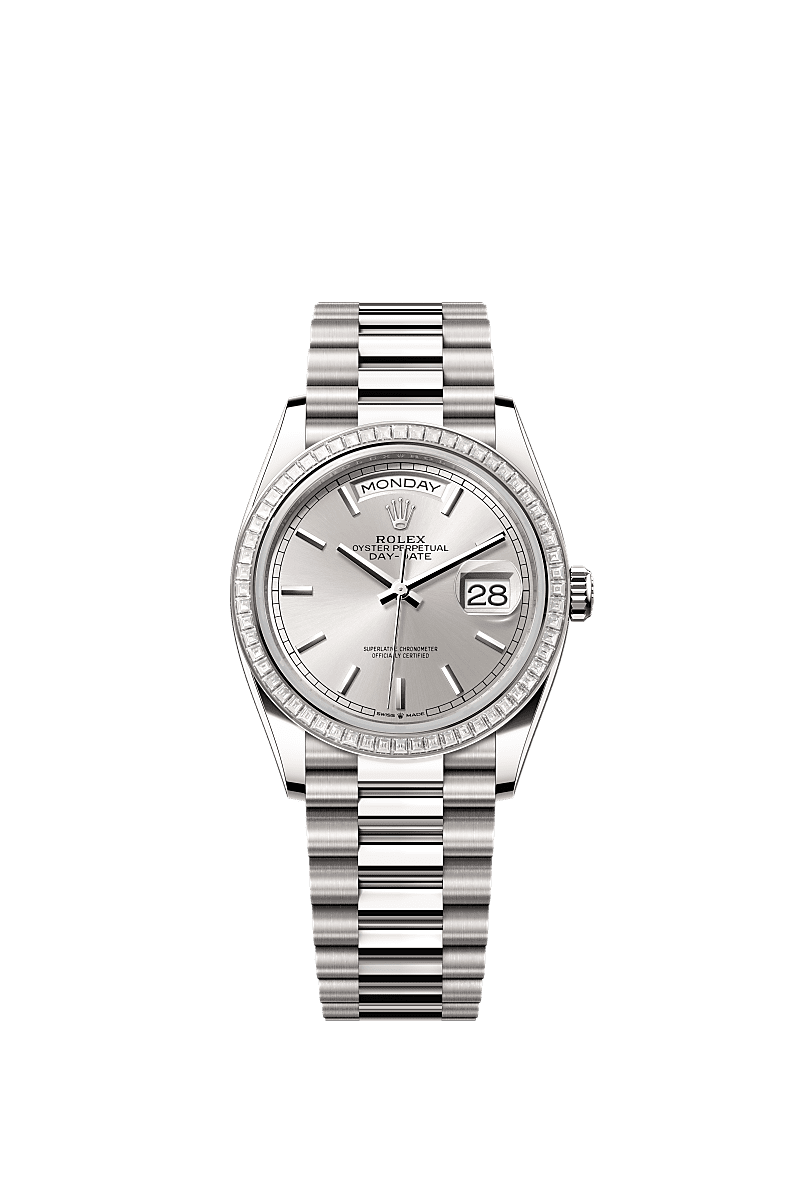 Rolex - Day-Date 36 White Gold - Baguette / Silver / President — Ref. 128399TBR