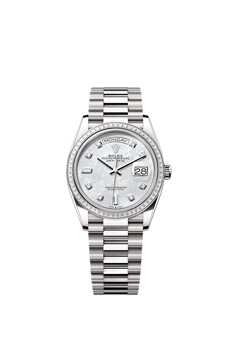 Rolex - Day-Date 36 White Gold - Baguette / MOP - Diamond / President — Ref. 128399TBR