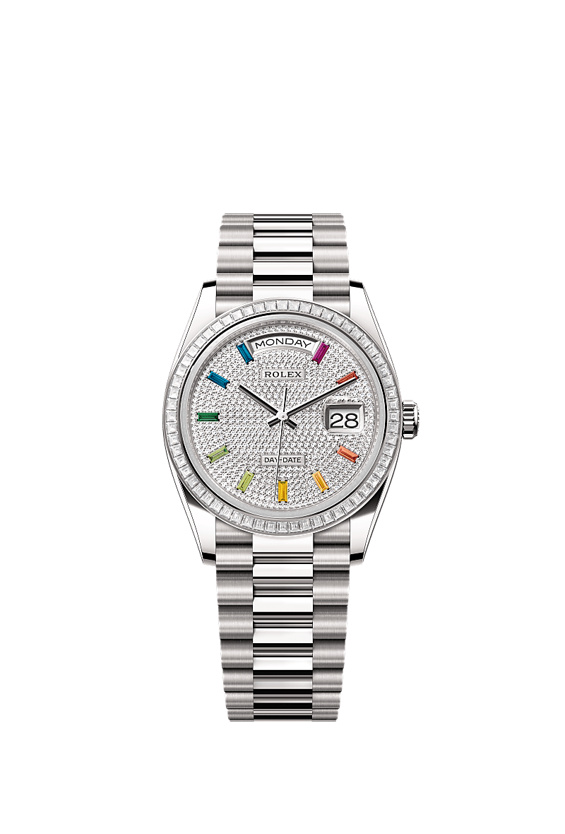 Rolex - Day-Date 36 Whtie Gold - Baguette / Paved - Rainbow / President — Ref. 128399TBR