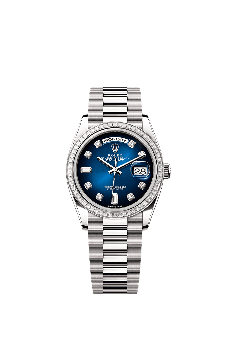 Rolex - Day-Date 36 White Gold - Baguette / Blue Ombr̩ - Diamond / President — Ref. 128399TBR