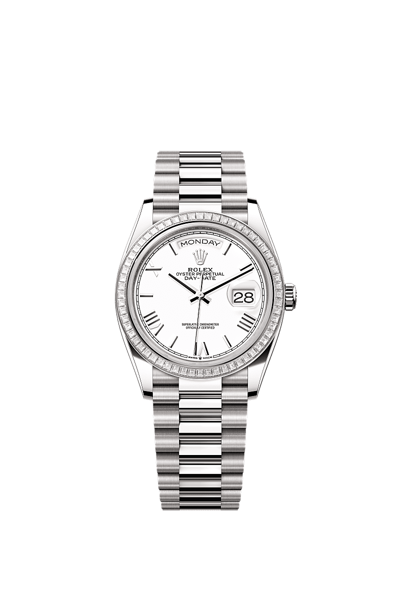 Rolex - Day-Date 36 White Gold - Baguette / White - Roman / President — Ref. 128399TBR
