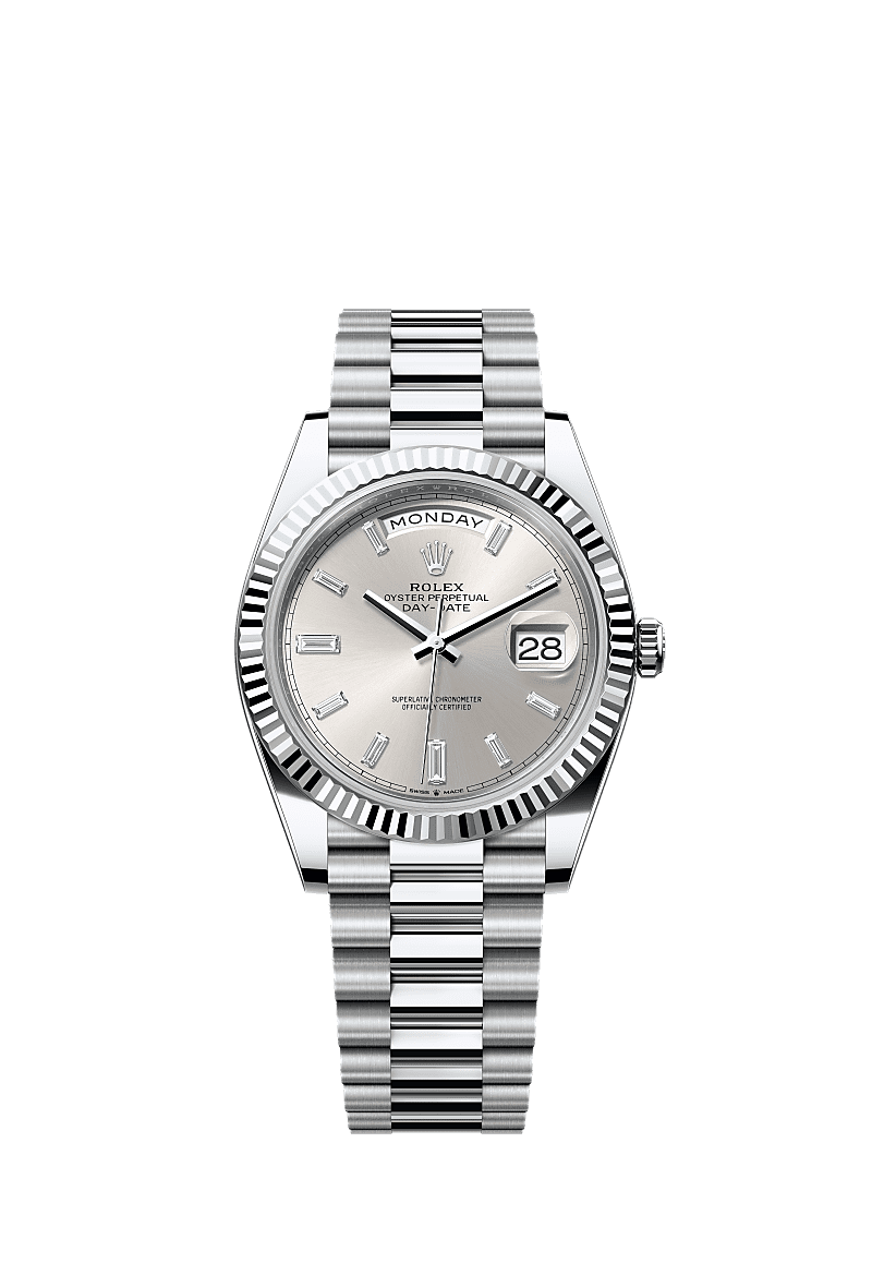 Rolex Day-Date 40 Platinum - Fluted / Silver - Baguette — Ref. 228236