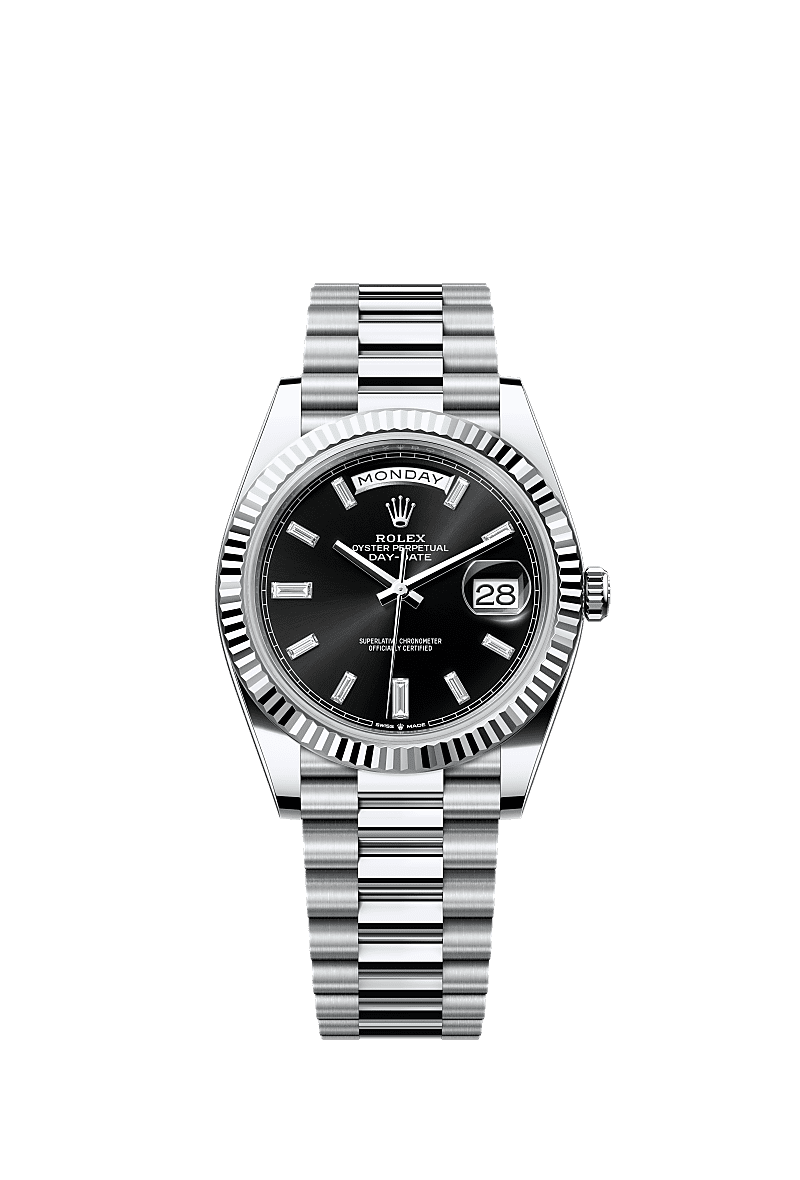 Rolex Day-Date 40 Platinum - Fluted / Black - Baguette — Ref. 228236