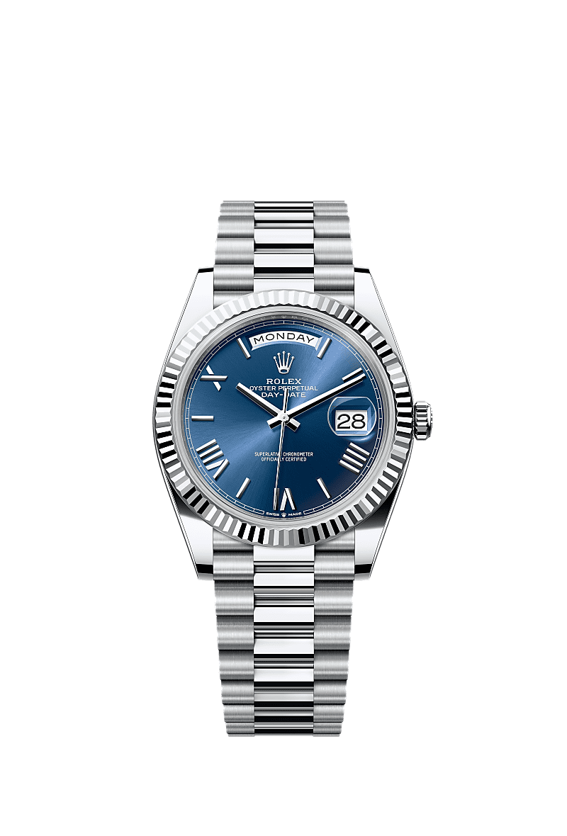 Rolex Day-Date 40 Platinum - Fluted / Blue - Roman — Ref. 228236