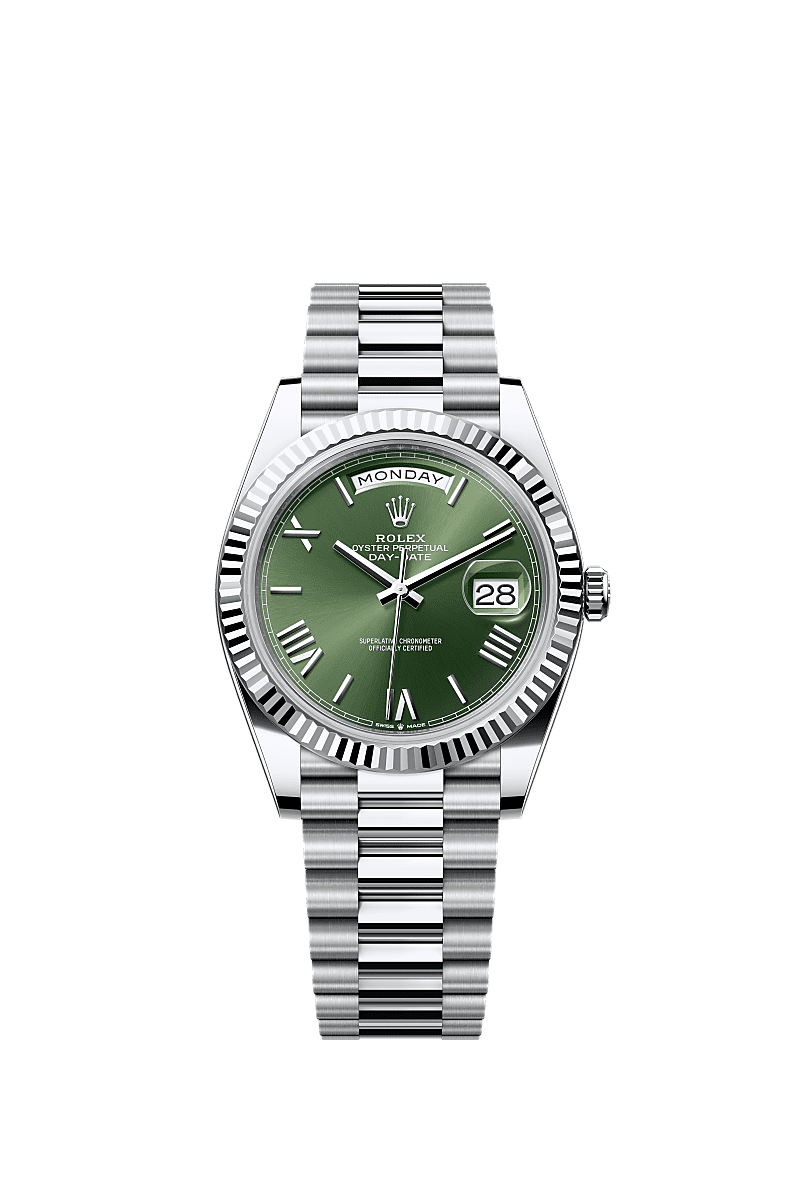 Rolex Day-Date 40 Platinum - Fluted / Green - Roman — Ref. 228236
