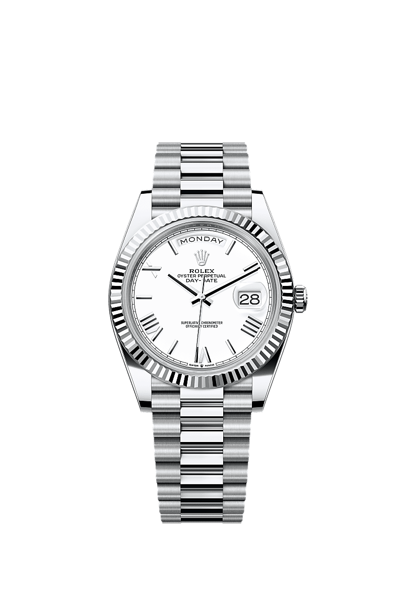Rolex Day-Date 40 Platinum - Fluted / White - Roman — Ref. 228236