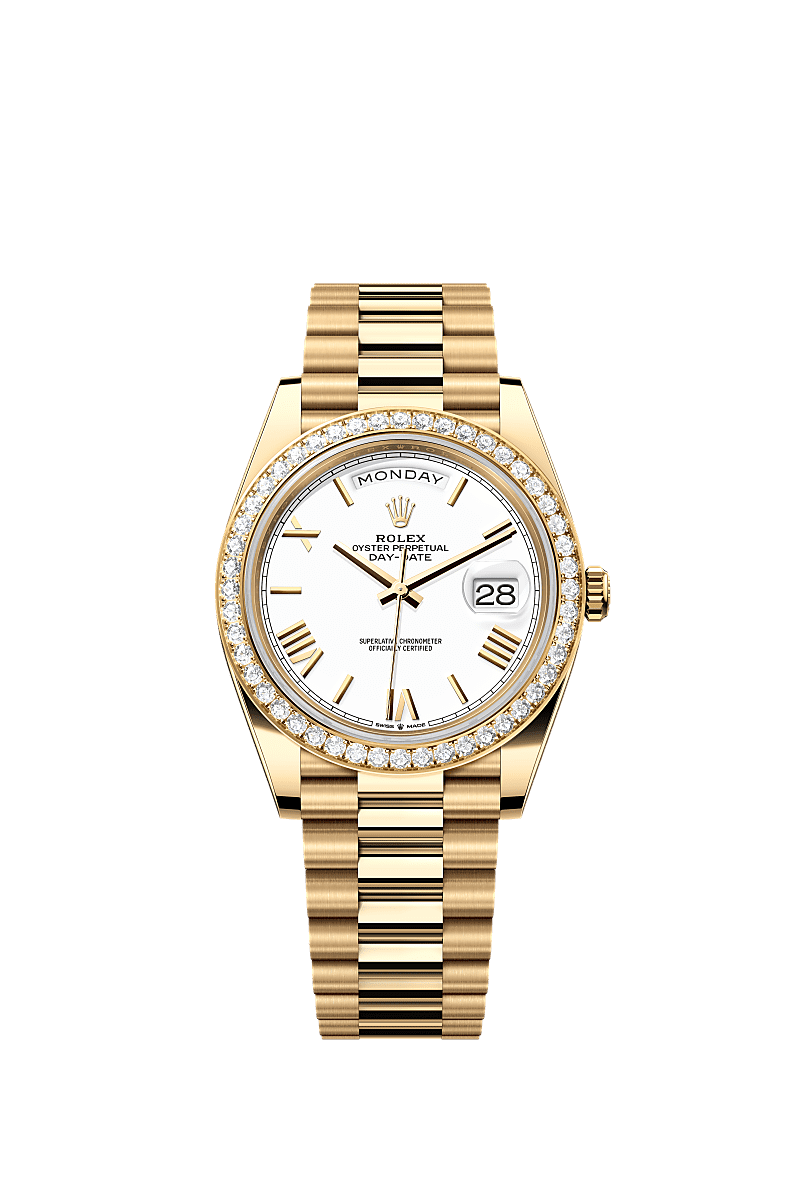 Rolex - Day-Date 40 Yellow Gold / Baguette / White Roman — Ref. 228348RBR