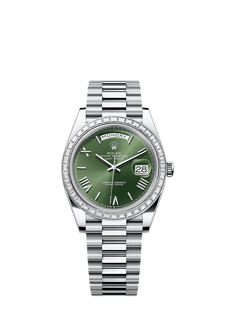 Rolex - Day-Date 40 Platinum Baguette / Green Roman — Ref. 228396TBR