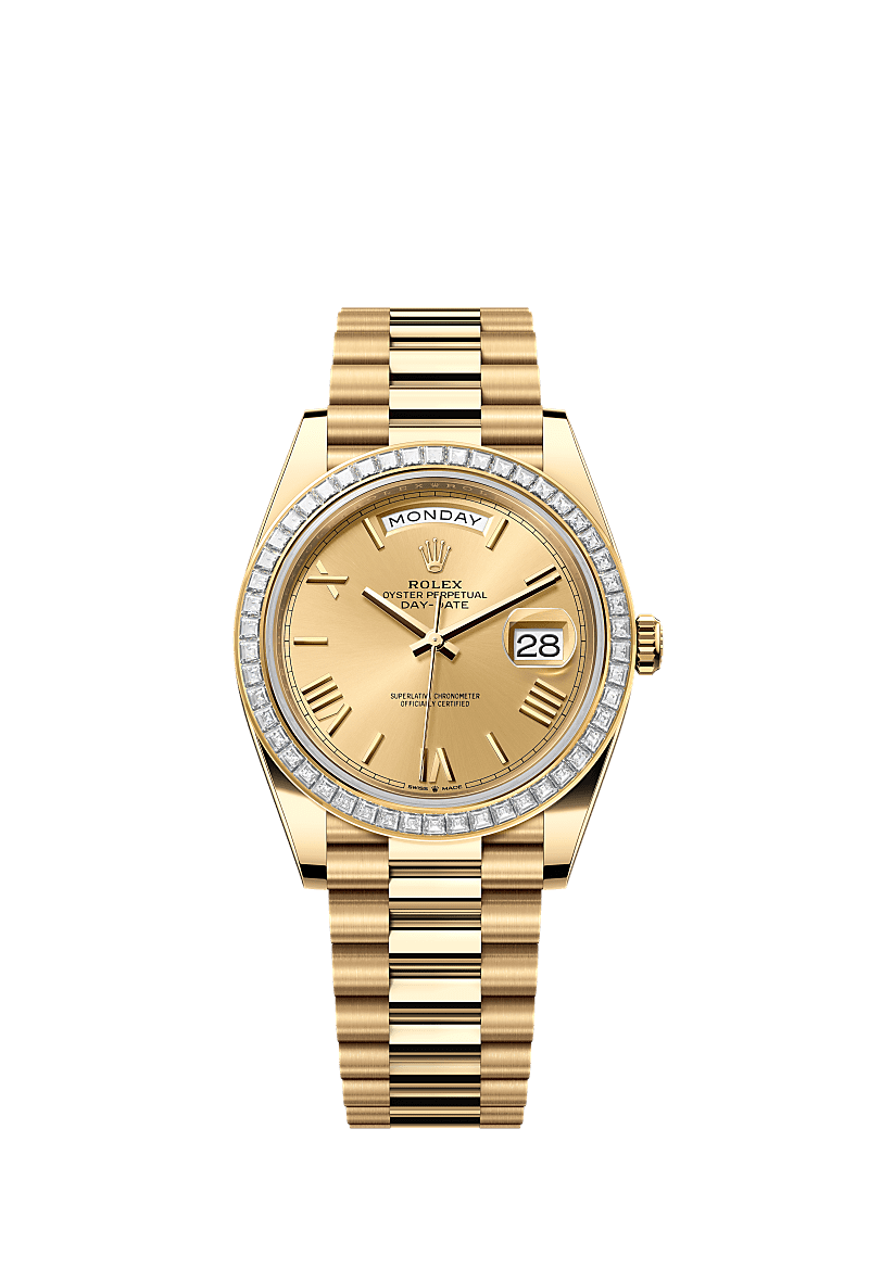 Rolex - Day-Date 40 Yellow Gold / Baguette / Champagne Roman — Ref. 228398TBR