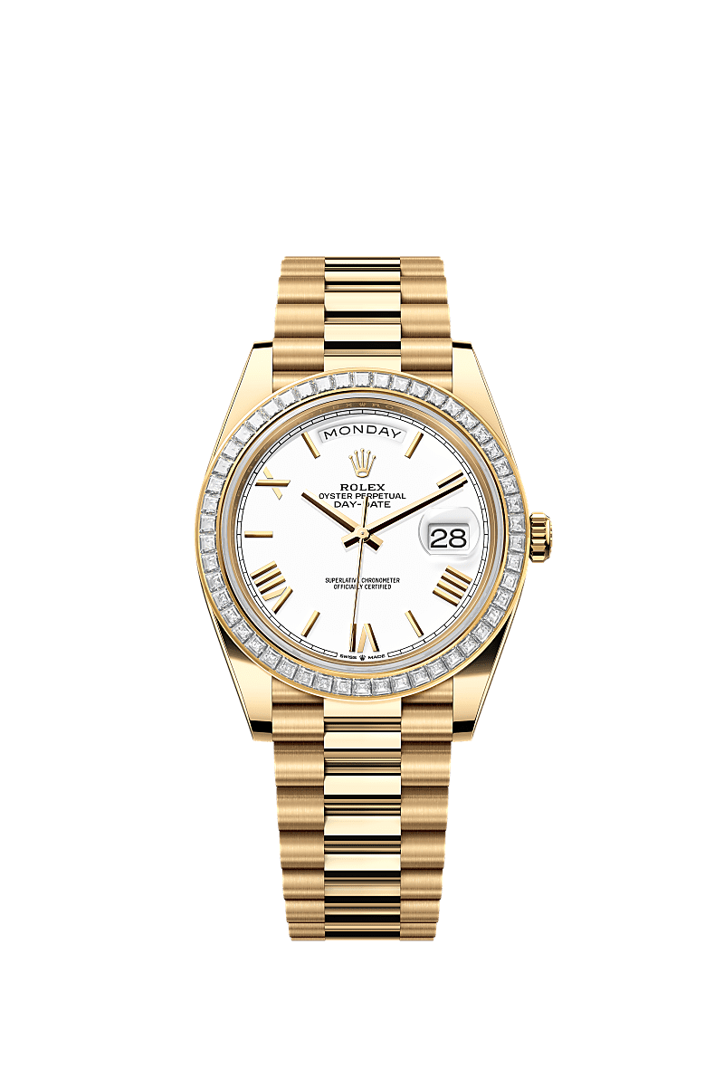 Rolex - Day-Date 40 Yellow Gold / Baguette / Silver Roman — Ref. 228398TBR