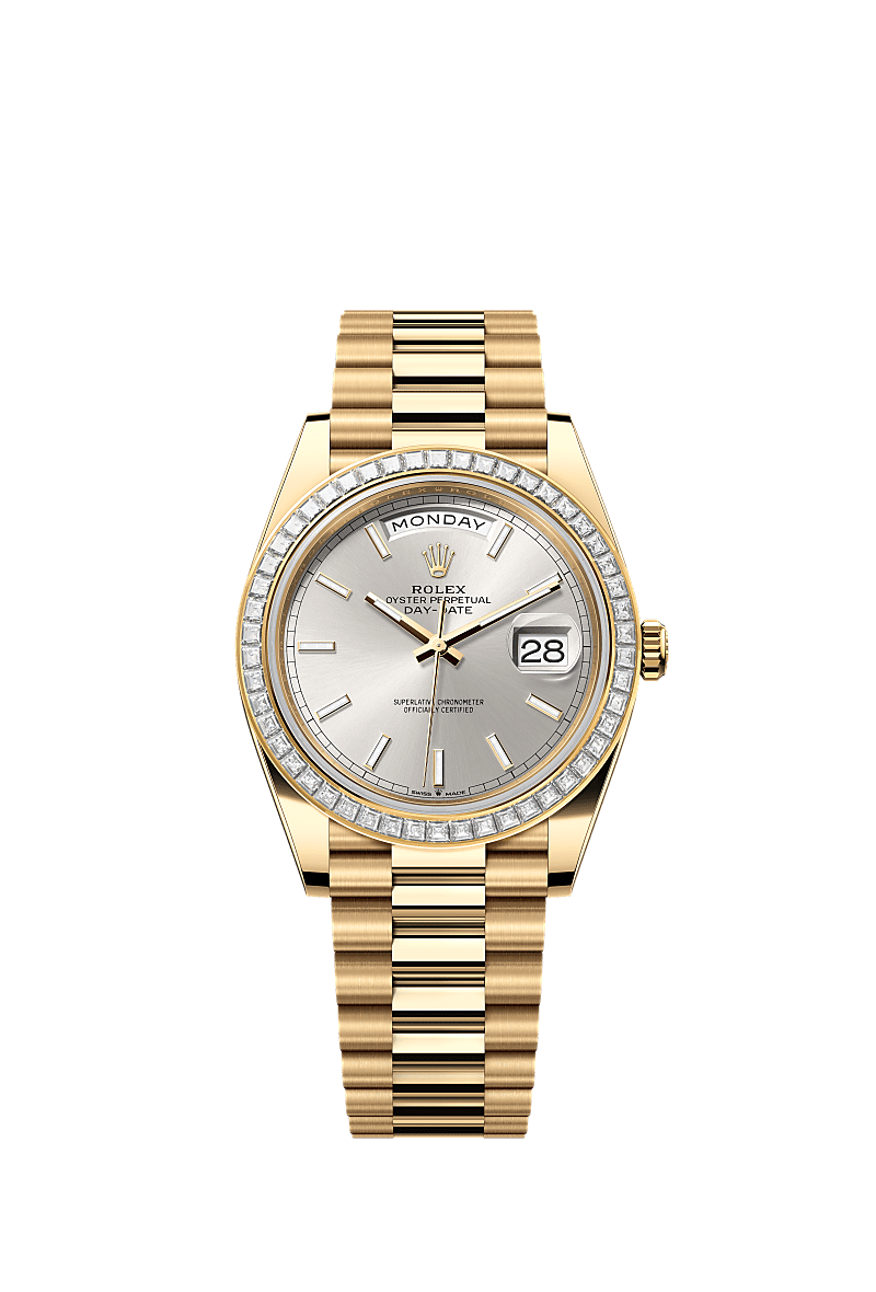 Rolex - Day-Date 40 Yellow Gold - Baguette / Silver — Ref. 228398TBR