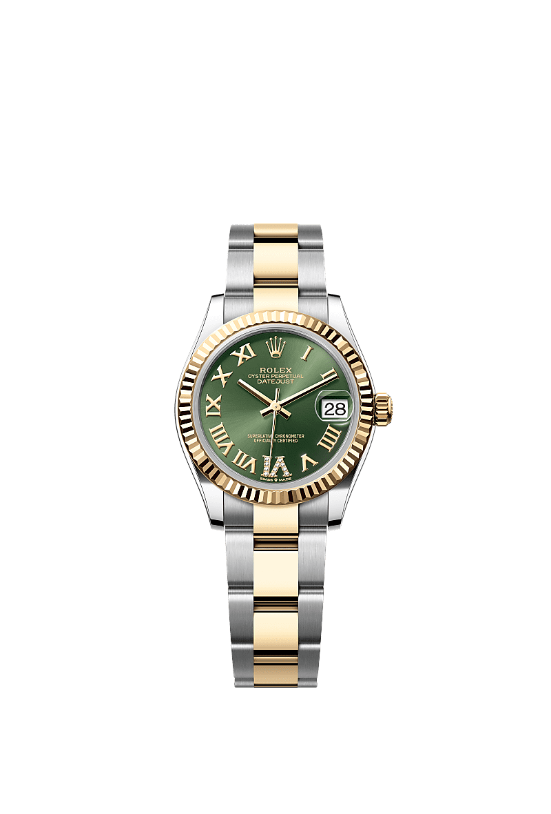 Rolex Datejust 31 Stainless Steel / Yellow Gold / Fluted / Olive - Roman / Oyster — Ref. 278273
