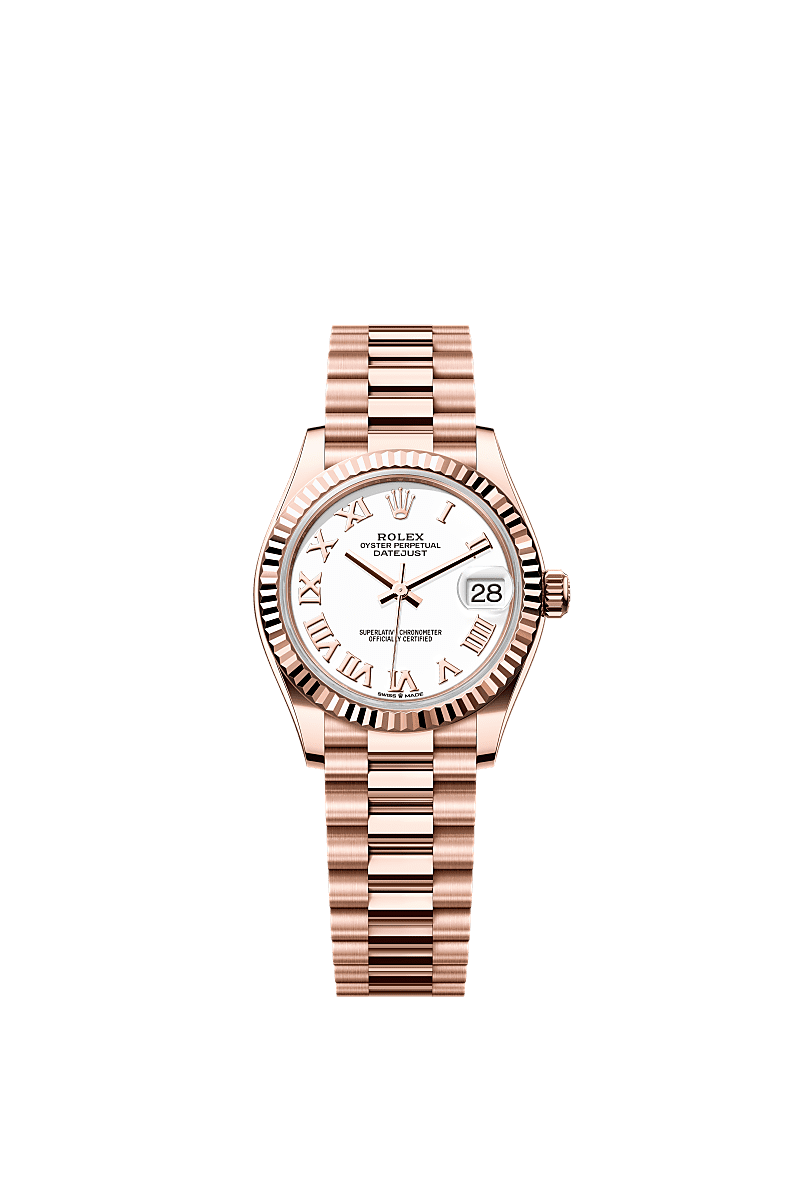 Rolex Datejust 31 Rose Gold / Fluted / White - Roman / President — Ref. 278275