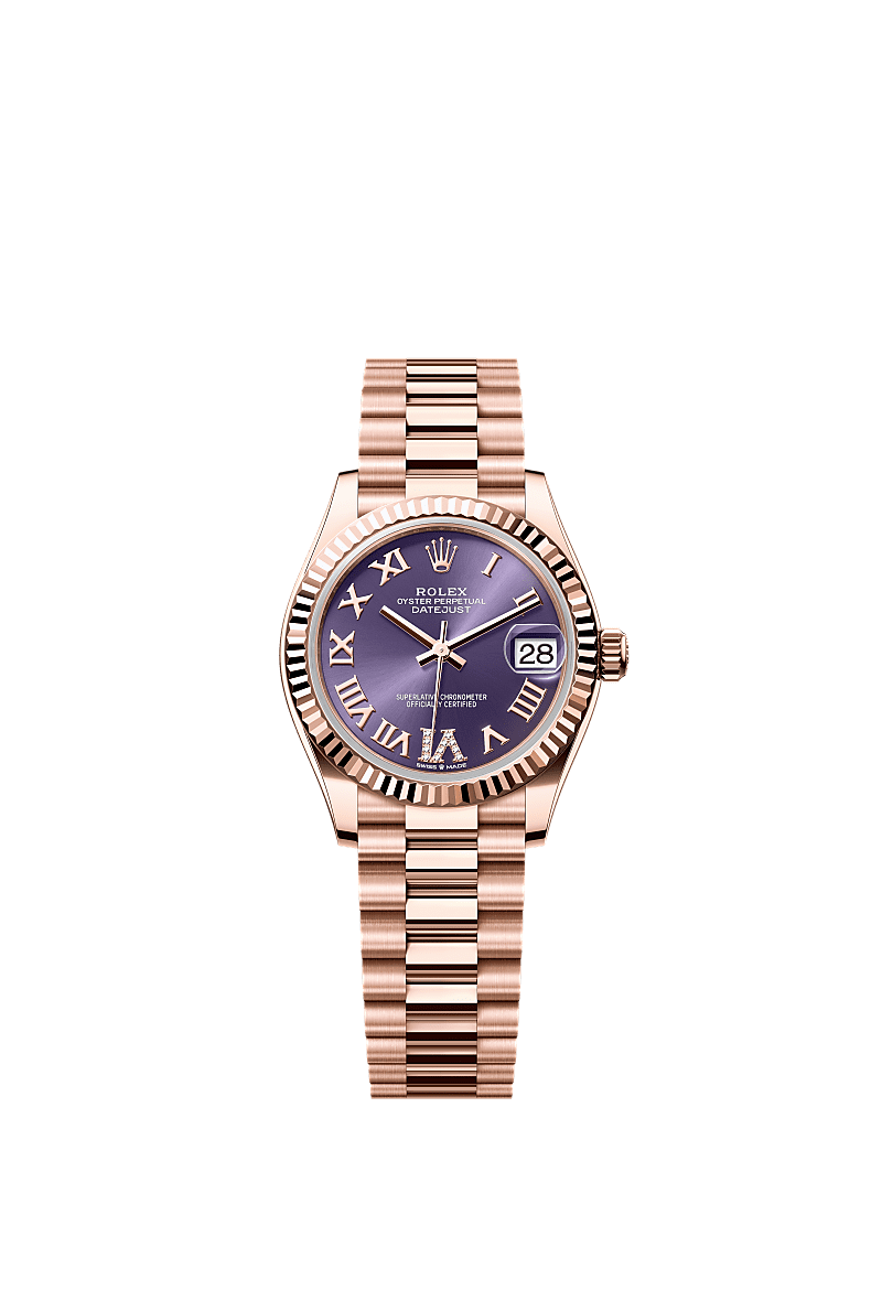 Rolex Datejust 31 Rose Gold / Fluted / Aubergine - Roman / President — Ref. 278275