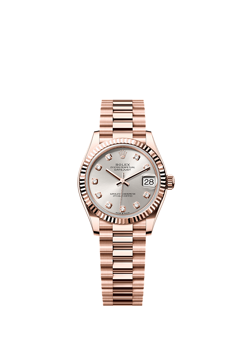 Rolex Datejust 31 Rose Gold / Fluted / Silver - Diamond / President — Ref. 278275
