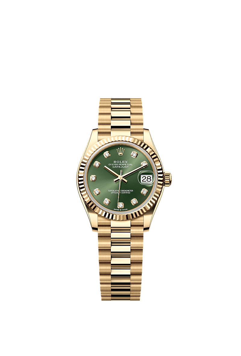 Rolex Datejust 31 Yellow Gold / Fluted / Olive - Diamond / President — Ref. 278278