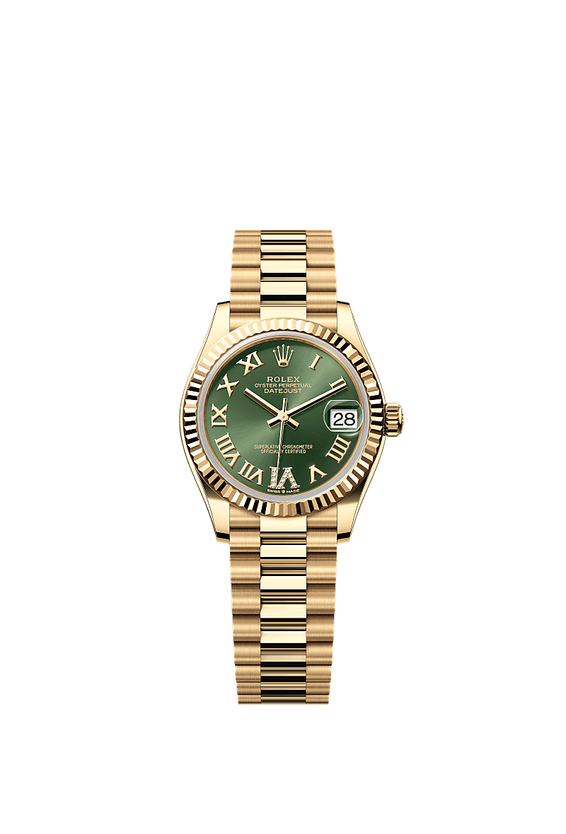 Rolex Datejust 31 Yellow Gold / Fluted / Olive- Roman / President — Ref. 278278