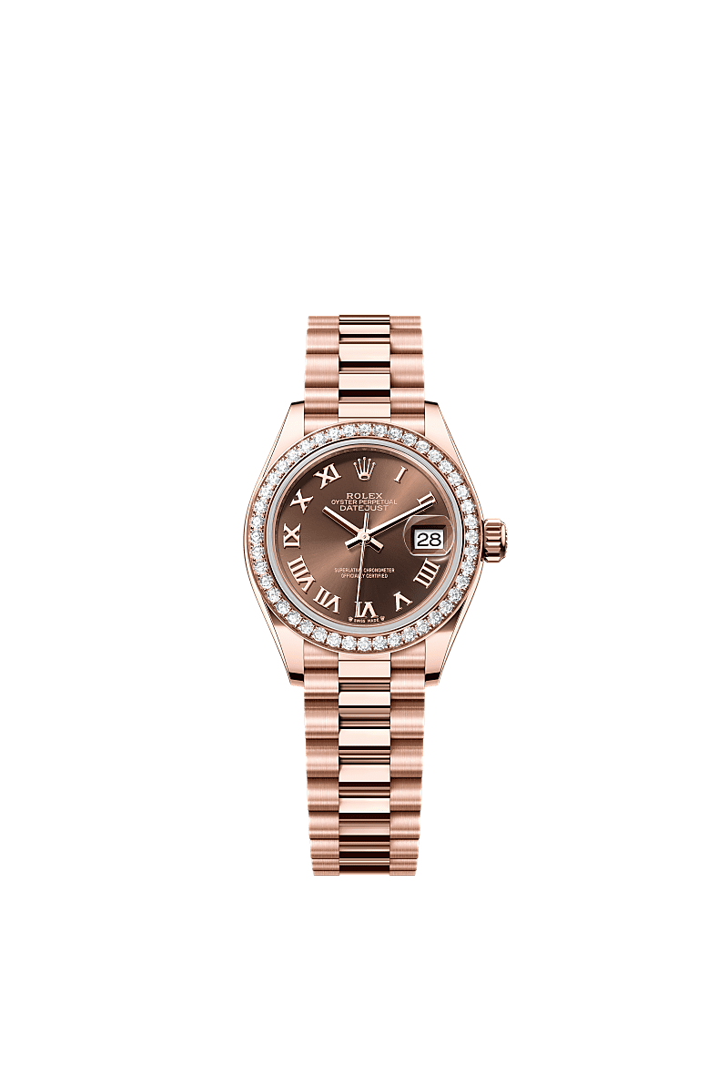 Rolex - Lady-Datejust 28 Everose Diamond / President / Chocolate Roman — Ref. 279135RBR