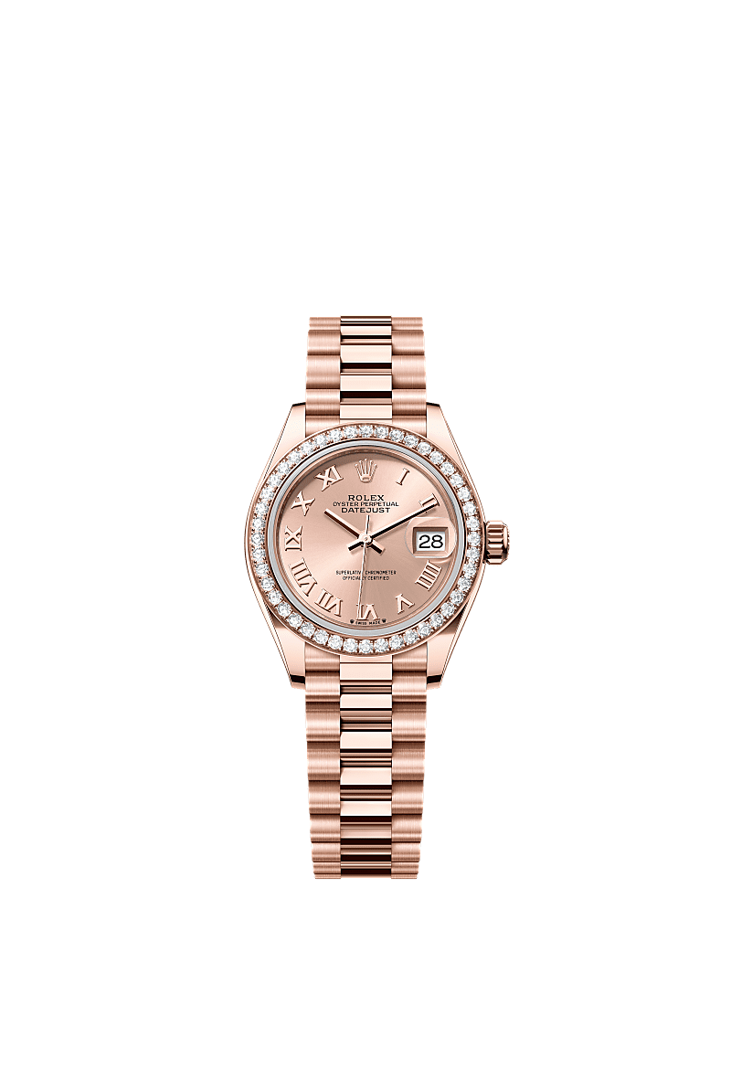 Rolex Lady-Datejust 28 Rose Gold / Diamond / Rose - Roman / President — Ref. 279135RBR