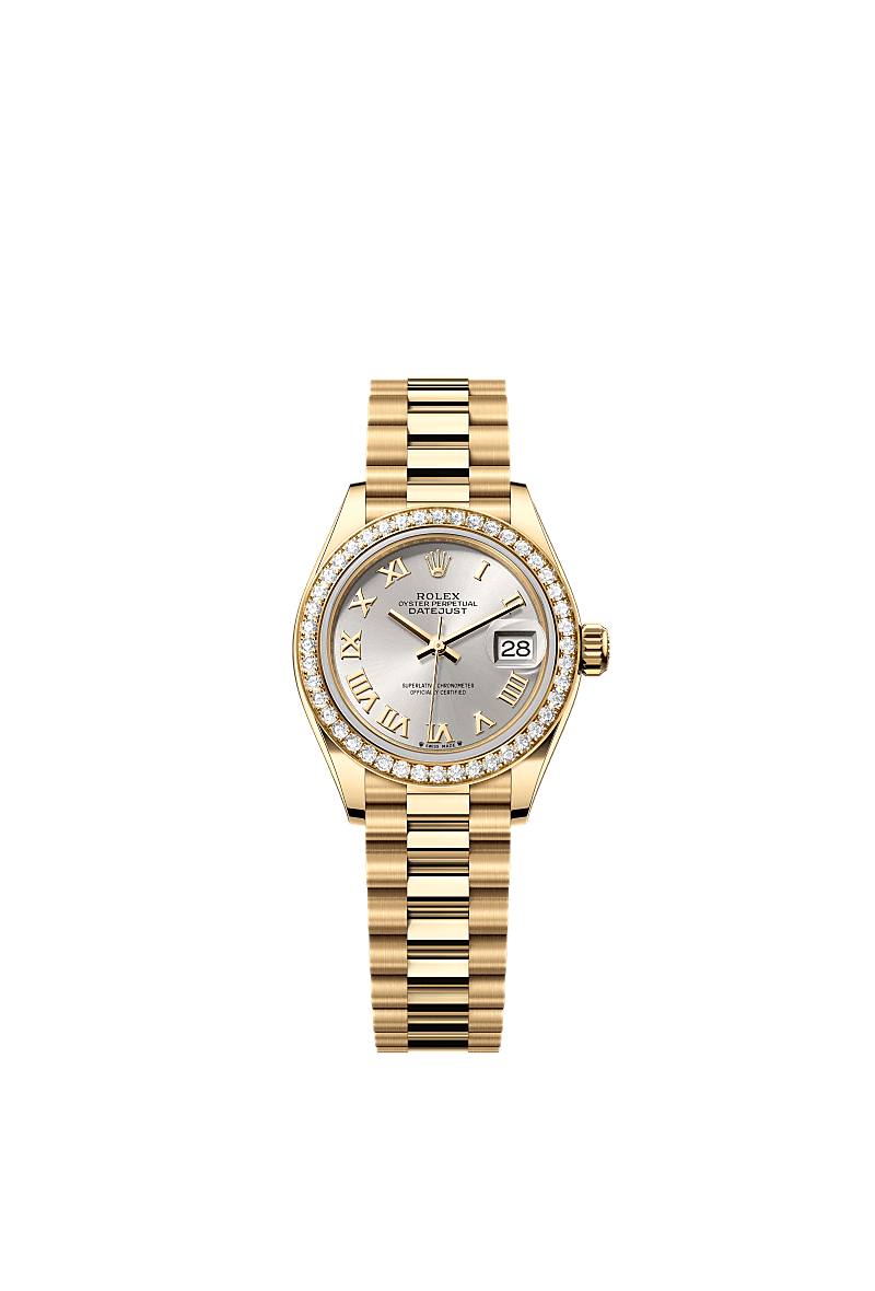 Rolex - Lady-Datejust 28 Yellow Gold Diamond / President / Silver Roman — Ref. 279138RBR