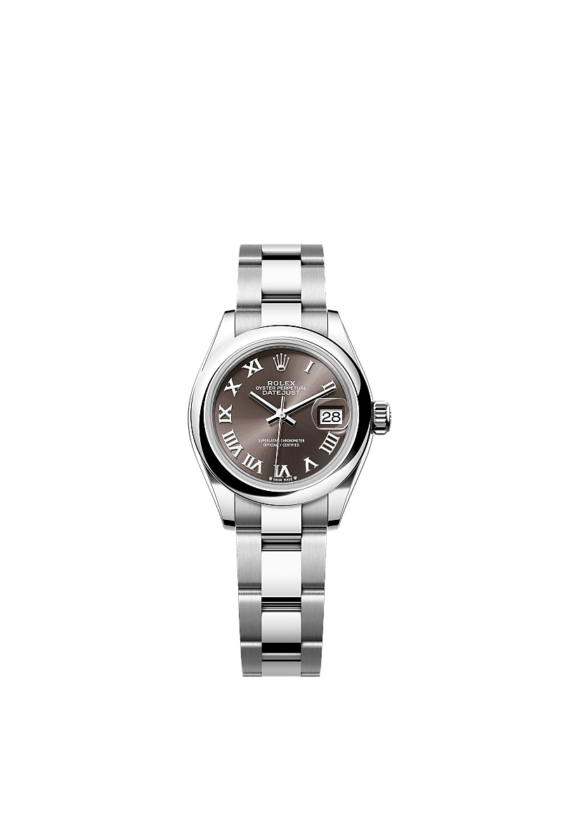 Rolex Lady-Datejust 28 Stainless Steel Domed / Oyster / Dark Grey Roman — Ref. 279160
