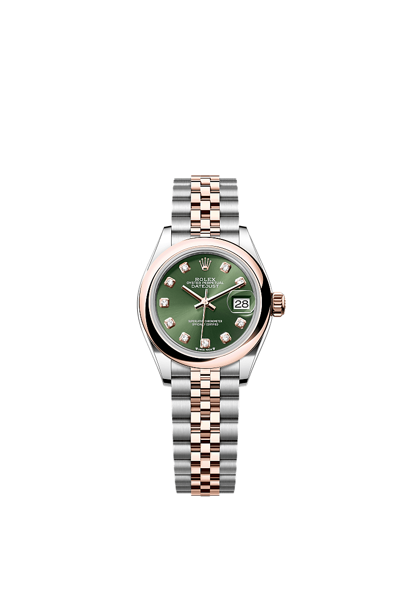 Rolex Lady-Datejust 28 Rolesor Rose Domed / Jubilee / Olive Diamond — Ref. 279161