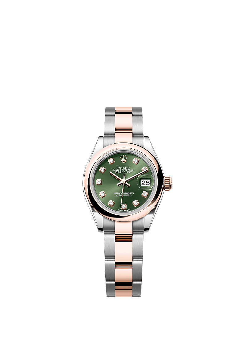 Rolex Lady-Datejust 28 Rolesor Rose Domed / Oyster / Olive Diamond — Ref. 279161