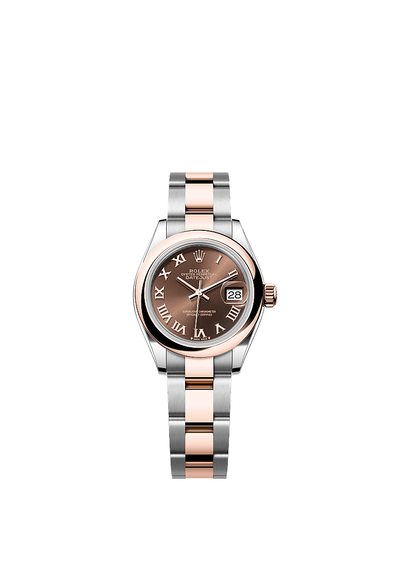 Rolex Lady-Datejust 28 Rolesor Rose Domed / Oyster / Chocolate Roman — Ref. 279161