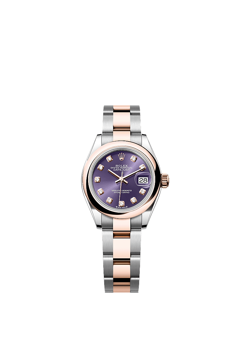 Rolex Lady-Datejust 28 Rolesor Rose Domed / Oyster / Aubergine Diamonds — Ref. 279161