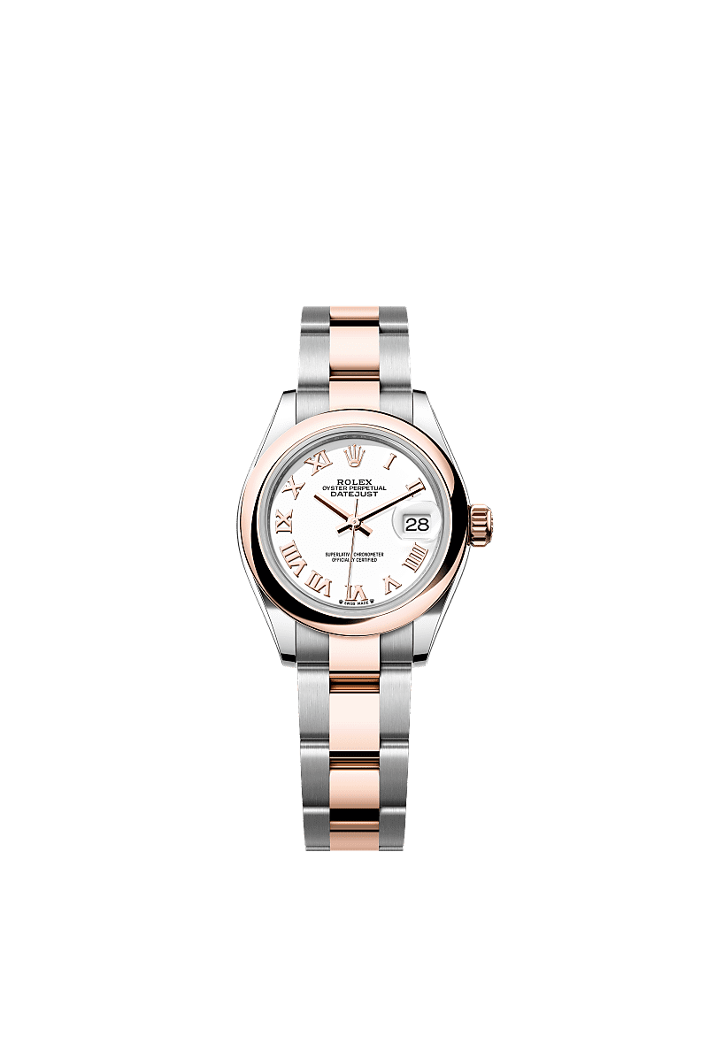 Rolex Lady-Datejust 28 Rolesor Rose Domed / Oyster / White Roman — Ref. 279161