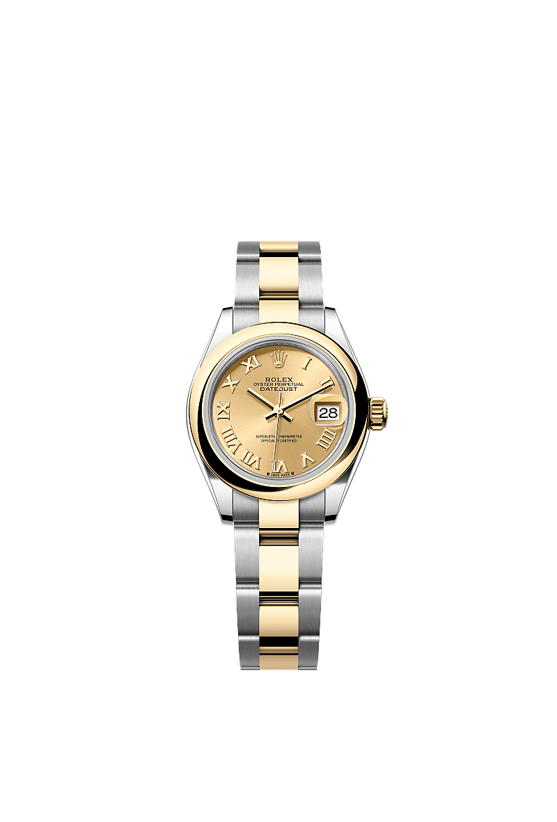 Rolex Lady-Datejust 28 Rolesor Yellow Domed / Oyster / Champagne Roman — Ref. 279163