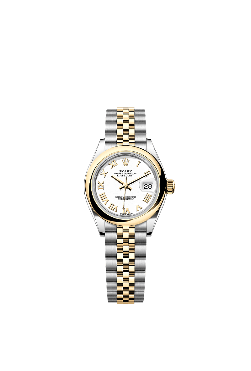 Rolex Lady-Datejust 28 Rolesor Yellow Domed / Jubilee / White Roman — Ref. 279163