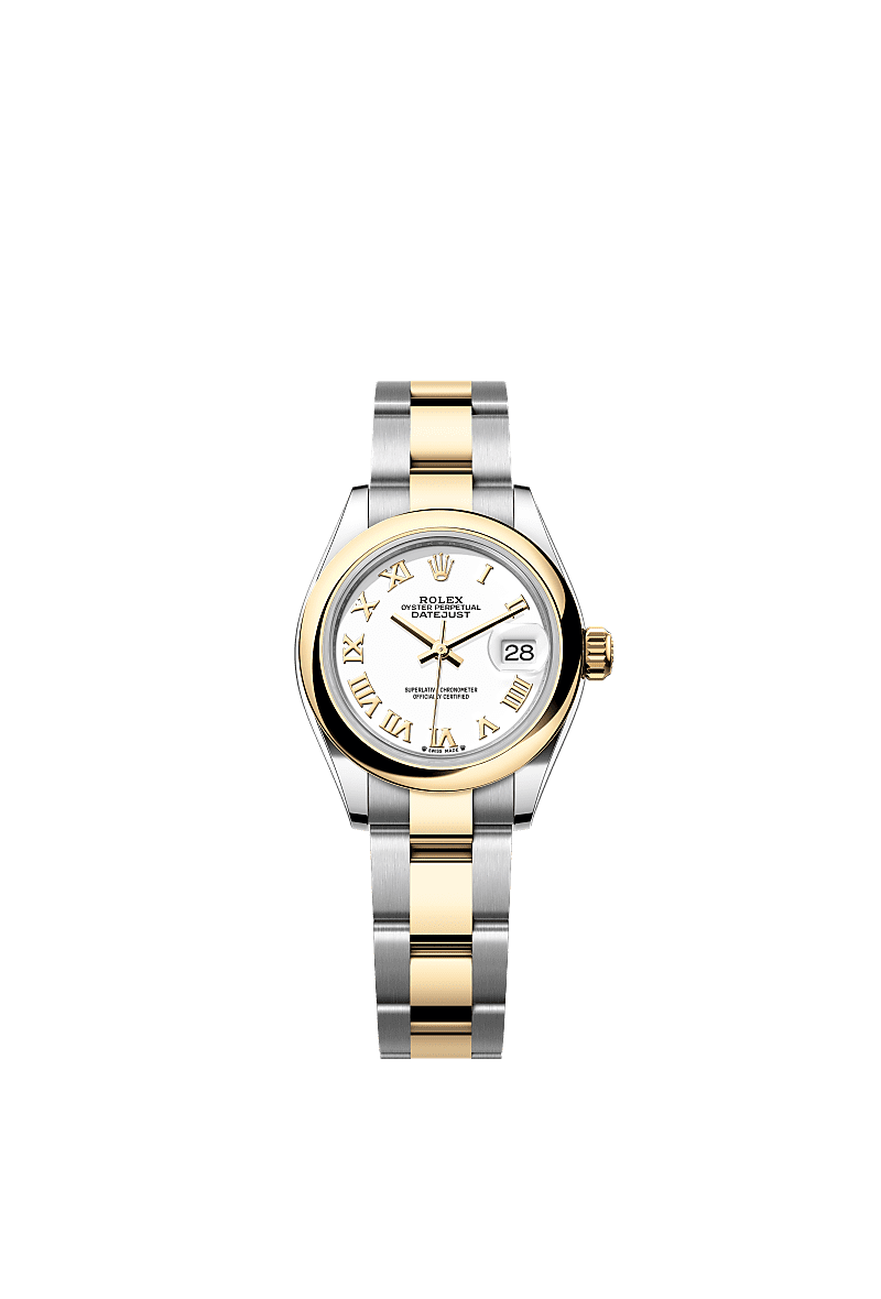 Rolex Lady-Datejust 28 Rolesor Yellow Domed / Oyster / White Roman — Ref. 279163