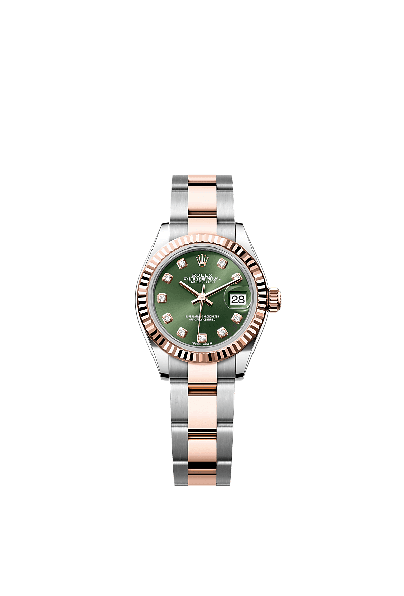 Rolex Lady-Datejust 28 Rolesor Rose Fluted / Oyster / Olive Diamonds — Ref. 279171