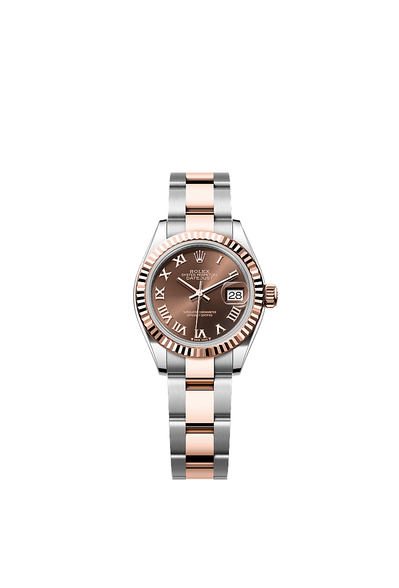 Rolex Lady-Datejust 28 Rolesor Rose Fluted / Oyster / Chocolate Roman — Ref. 279171