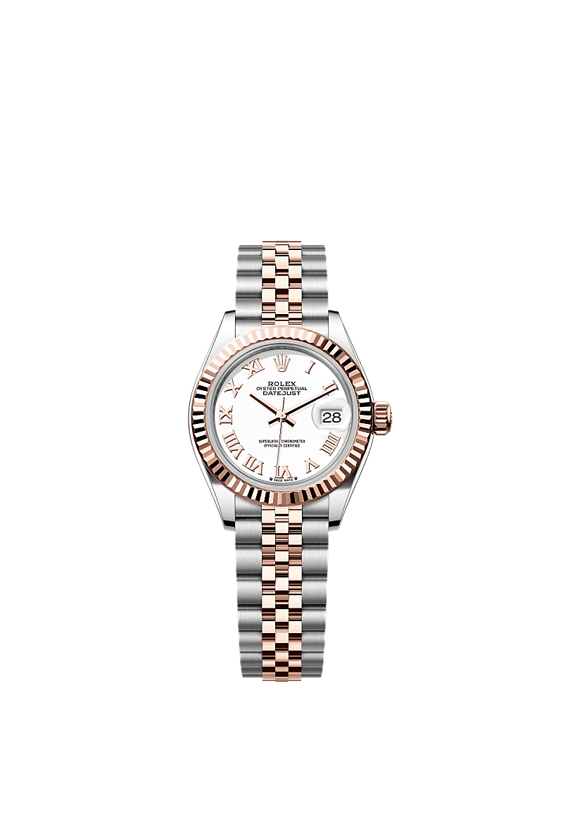 Rolex Lady-Datejust 28 Rolesor Rose Fluted / Jubilee / White Roman — Ref. 279171