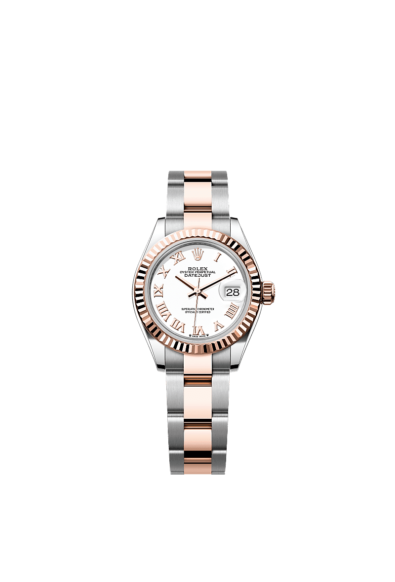 Rolex Lady-Datejust 28 Rolesor Rose Fluted / Oyster / White Roman — Ref. 279171