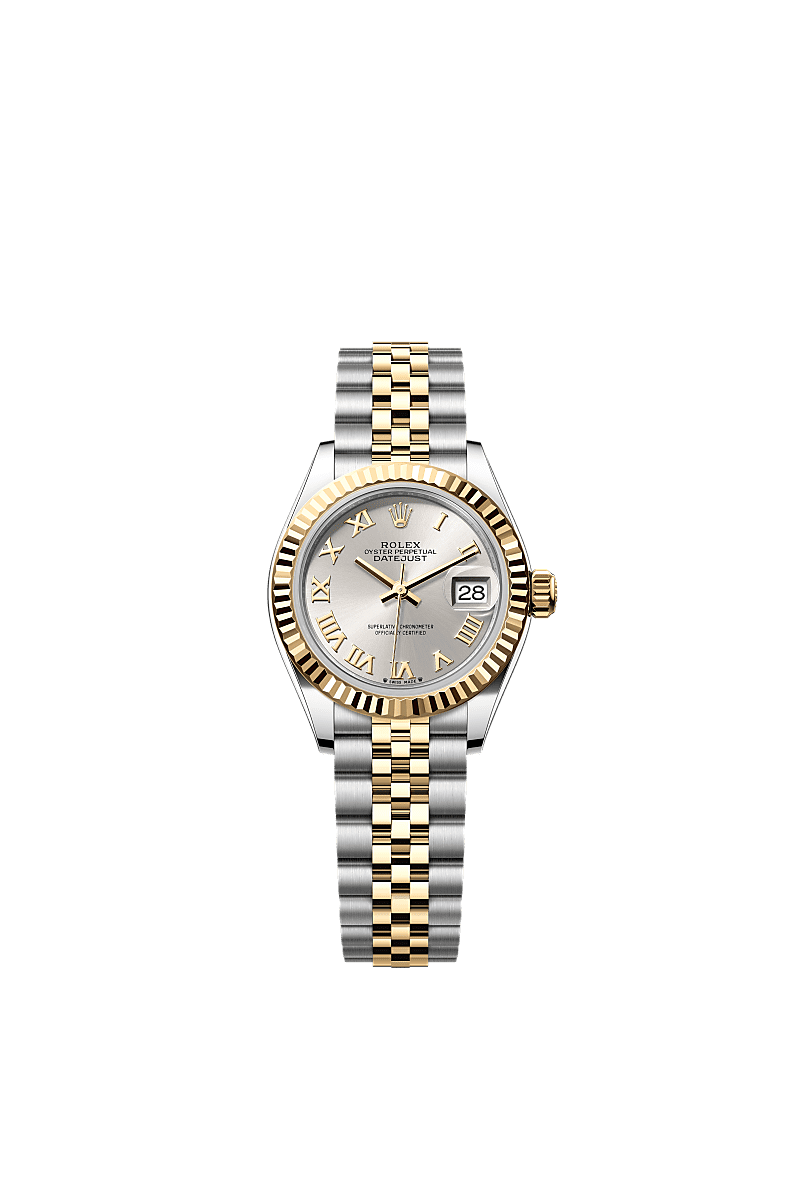 Rolex Lady-Datejust 28 Rolesor Yellow Fluted / Jubilee / Silver Roman — Ref. 279173