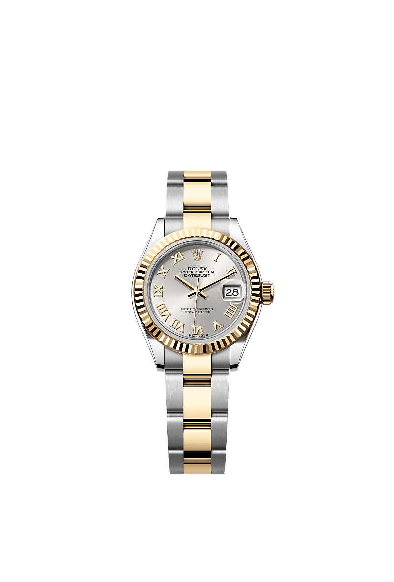 Rolex Lady-Datejust 28 Rolesor Yellow Fluted / Oyster / Silver Roman — Ref. 279173