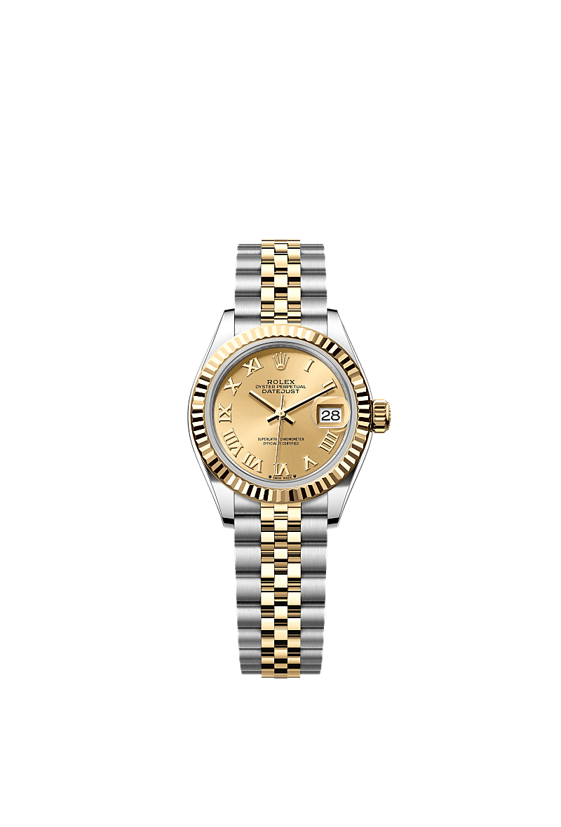 Rolex Lady-Datejust 28 Rolesor Yellow Fluted / Jubilee / Champagne Roman — Ref. 279173